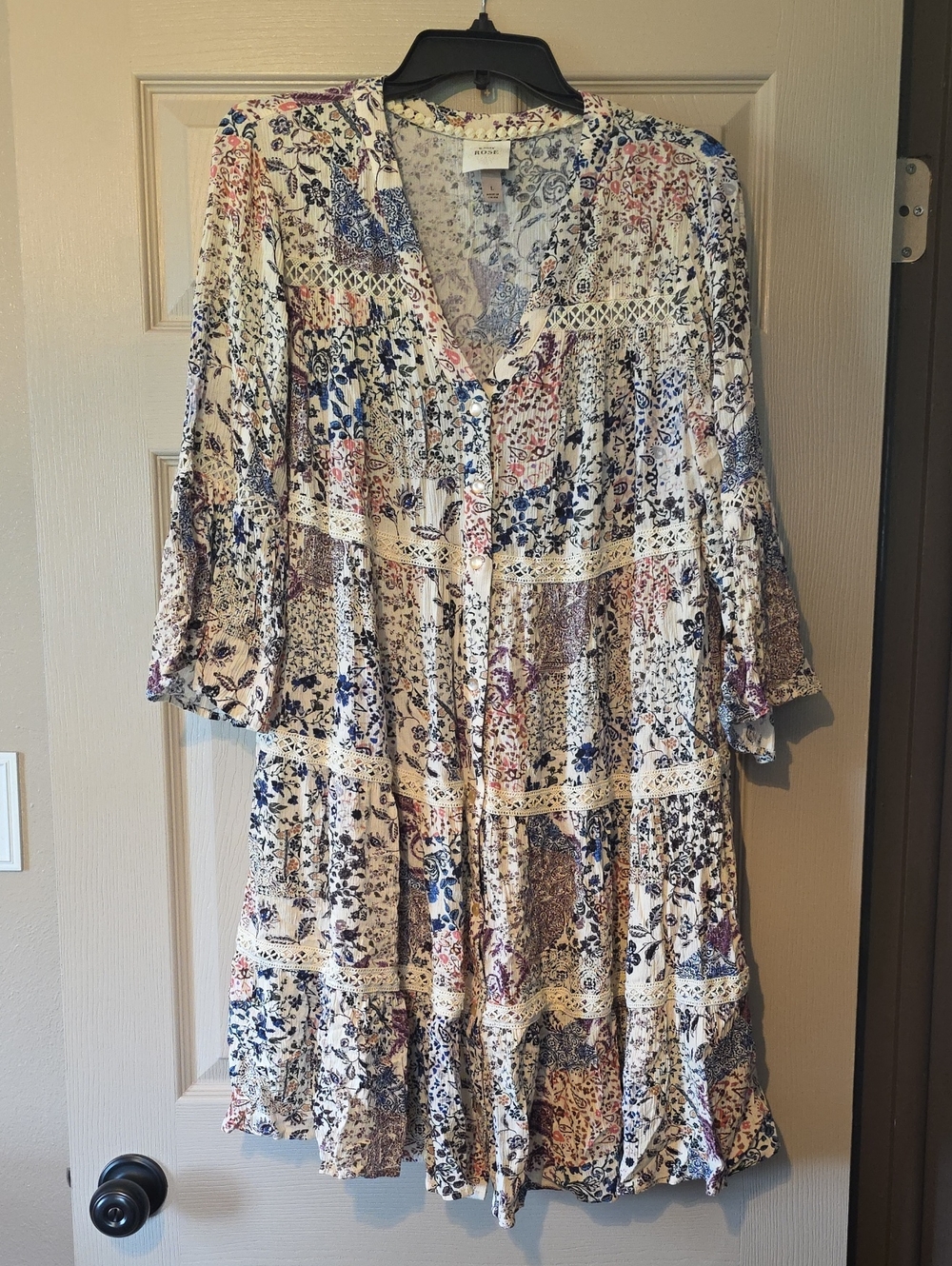 Knox Rose Cream Floral Patchwork Mini Dress 3/4 Length Sleeves Size Large